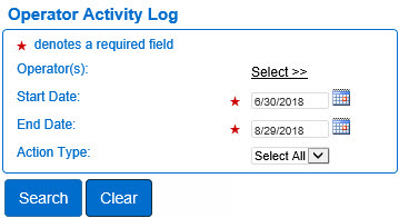 An image showing the Operator Activity Log with search parameters by date