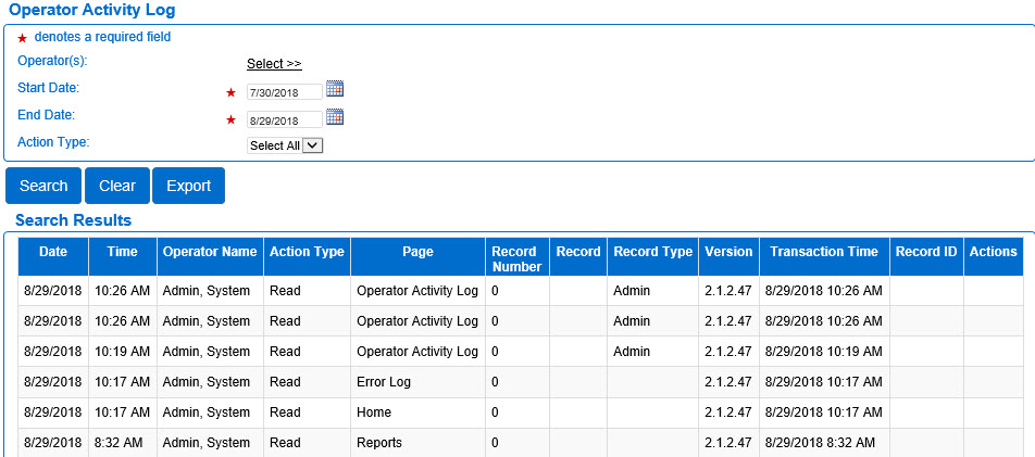 An image showing the results from seaching activity by operator name