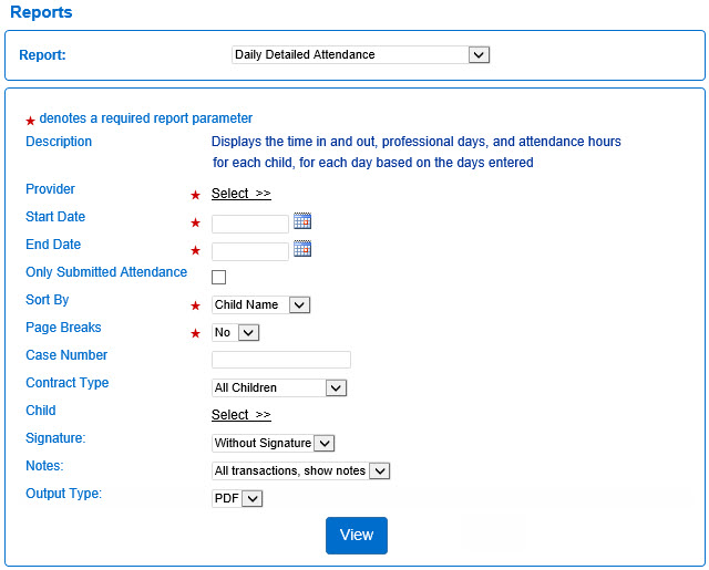 An image showing the search parameters for the daily detailed attendance reports 