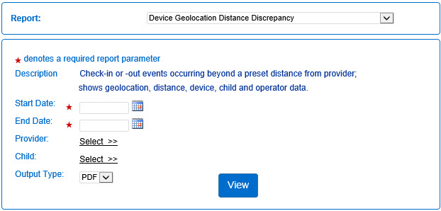 An image showing the search parameters for the device geo-location distance discrepancy report