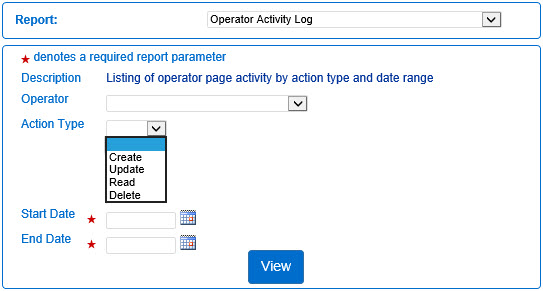 An image showing the operator activity report search parameters