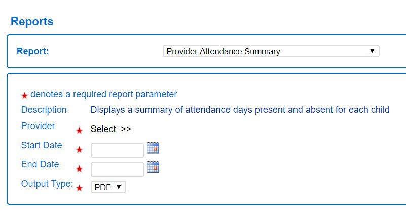 An image showing the search parameters for the provider attendance summary report